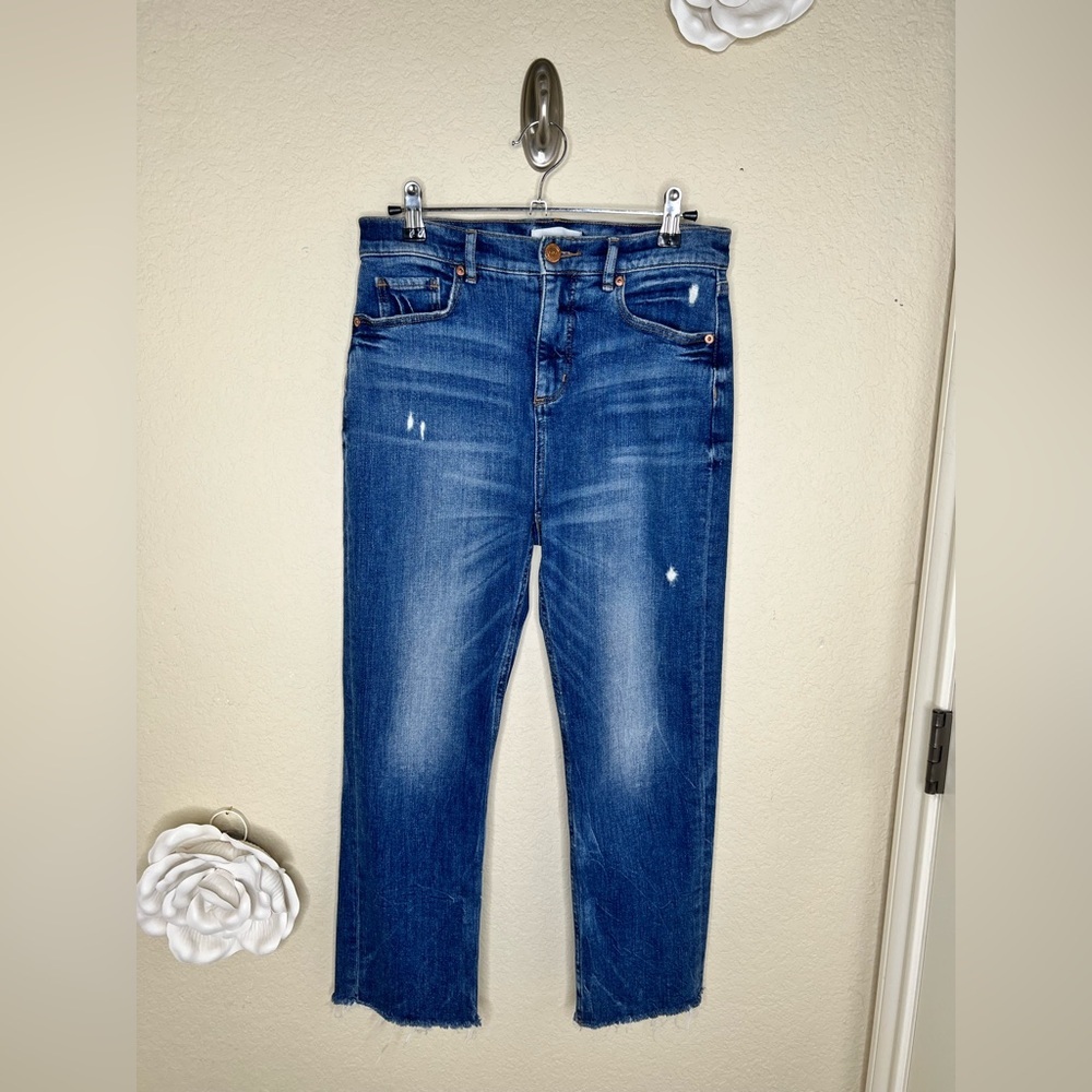 LOFT High Rise Straight Crop Jeans Medium Wash Distressed Raw Hem Size 27
